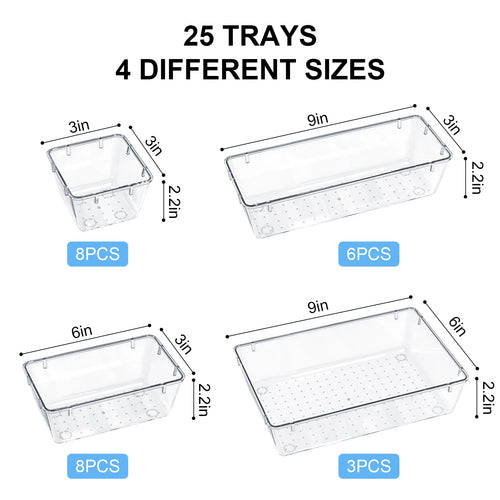 25PCS Clear Plastic Drawer Organizer Set: 4 Sizes Desk Drawer Dividers & Storage Bins for Makeup Jewelry Gadgets Kitchen Bedroom Bathroom Office Organization Home Bathroom Decor Makeup Organizer with Divided Compartments Adjustable Transparent Boxes